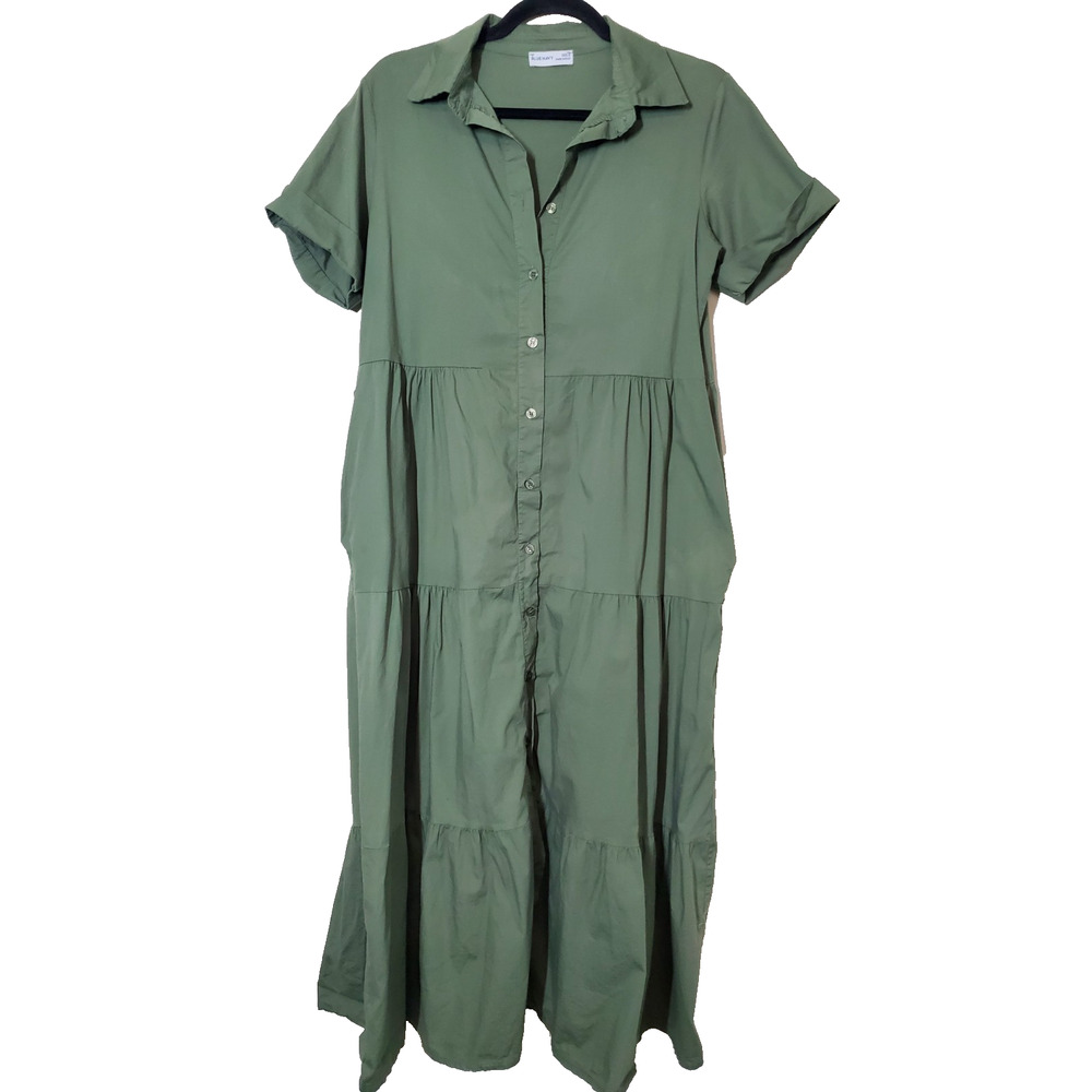BLUE NAVY Brand Womens Small Maxi Shirt Dress Tiered Green Made In‎ Italy Cotton